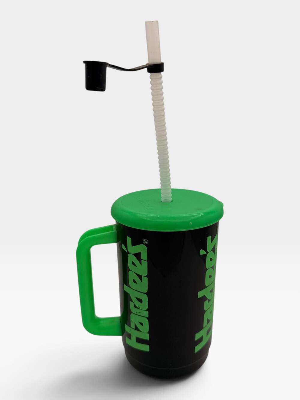 Vintage Hardee's Black & Green 32 oz Travel Mug Cup with Lid and Straw